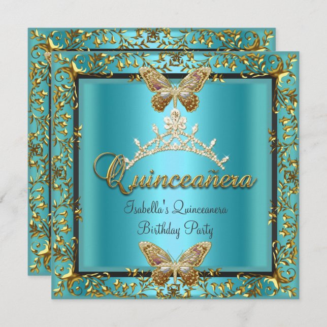 Quinceañera 15th Teal Blue Gold Butterfly Invitation (Front/Back)