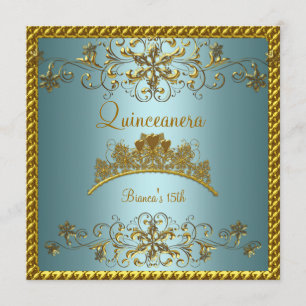 Quinceanera 15th Teal Blue Gold Tiara Invitation
