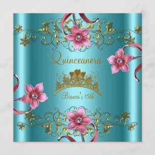 Quinceanera 15th Teal Blue Pink Flowers Gold Tiara Invitation
