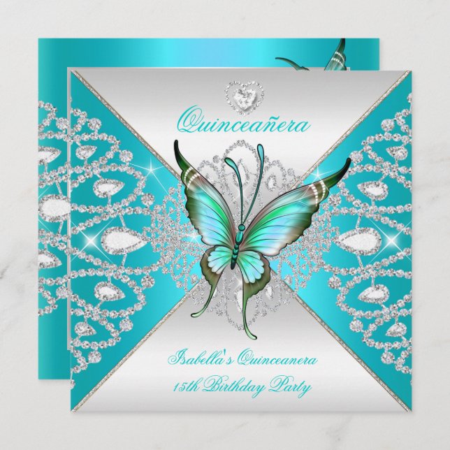 Quinceanera 15th Teal Blue Silver Butterfly Tiara Invitation (Front/Back)