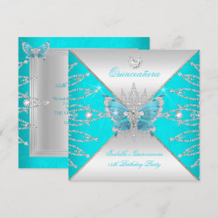 Quinceanera 15th Teal Blue Silver Butterfly Tiara Invitation