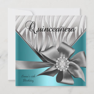 Quinceanera 15th Teal Blue Silver Grey Bow Invitation