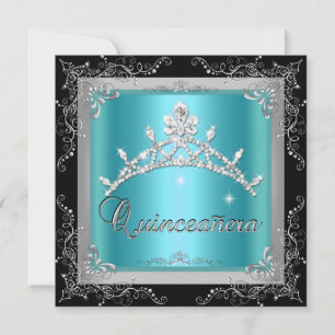 Quinceanera 15th Teal Blue Silver Tiara Black Invitation