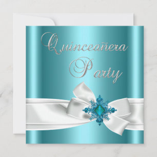 Quinceanera 15th Teal Blue Silver White Bow Invitation