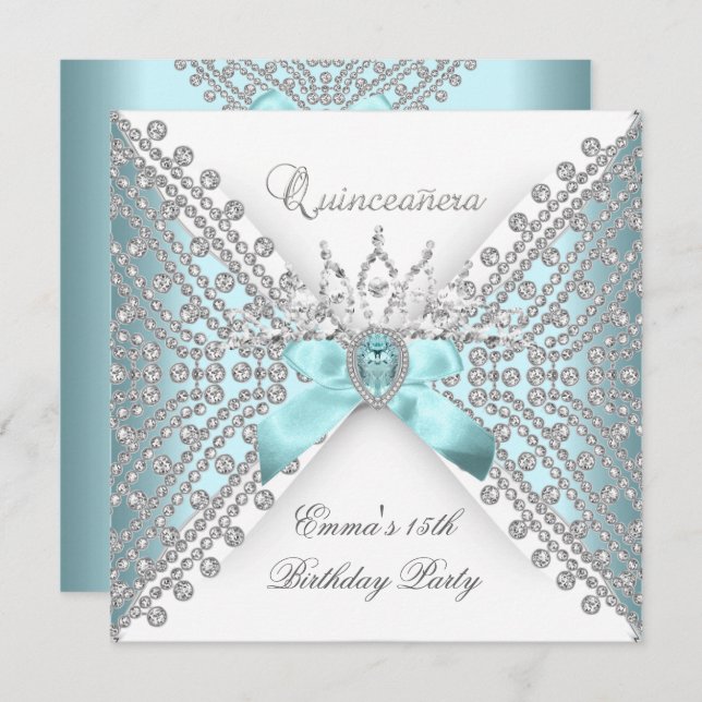 Quinceanera 15th Teal Blue Silver White Diamond Invitation (Front/Back)
