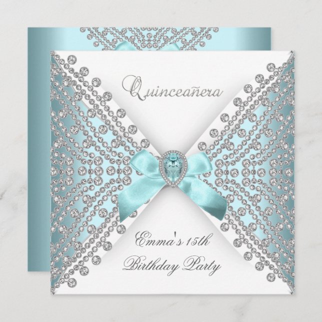 Quinceanera 15th Teal Blue White Faux Diamond Invitation (Front/Back)