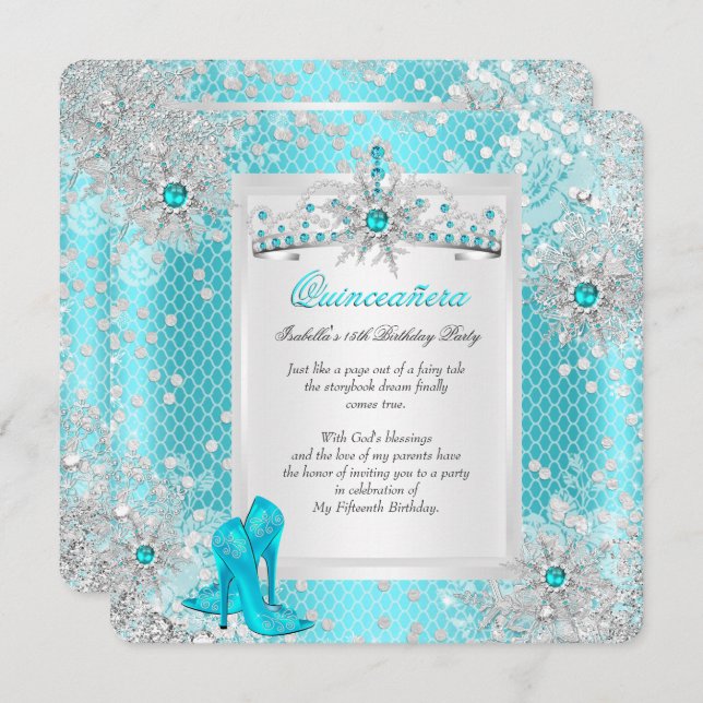 Quinceanera 15th Teal Blue Winter Wonderland Invitation (Front/Back)