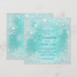 Quinceanera 15th Teal Snowflake Winter Wonderland Invitation