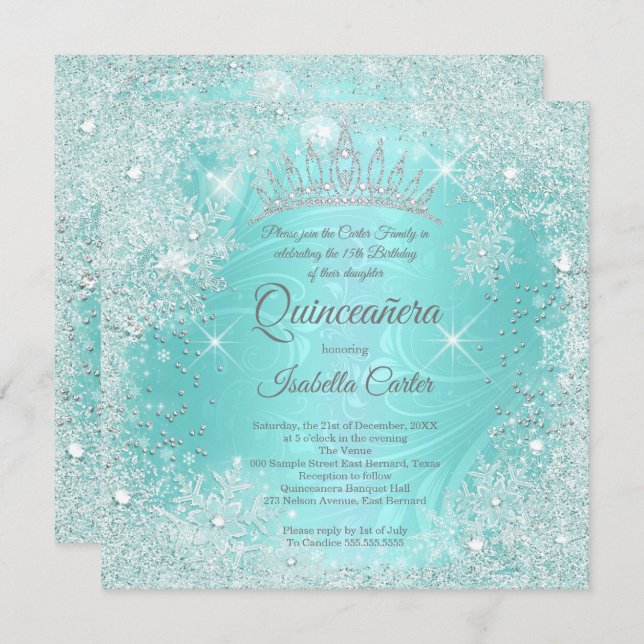 Quinceanera 15th Teal Snowflake Winter Wonderland Invitation (Front/Back)