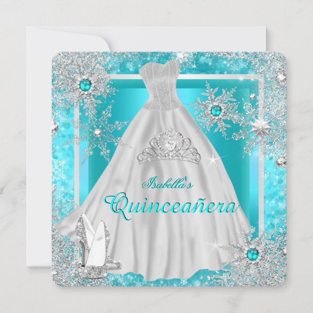 Quinceanera 15th Teal Winter Wonderland Snowflakes Invitation (Front)