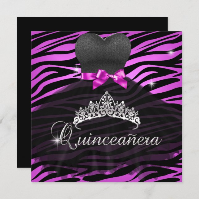 Quinceanera 15th Tiara Hot Pink Black Zebra Dress Invitation (Front/Back)