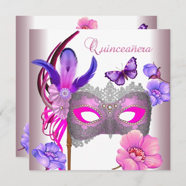 Quinceanera 15th White Pink  Purple Mask Invitation (Front/Back)