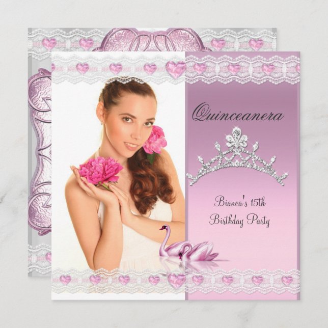 Quinceanera 15th White Pink Swans Tiara Photo Invitation (Front/Back)
