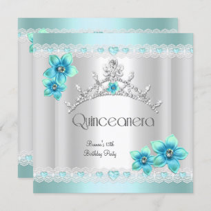 Quinceanera 15th White Teal Blue Silver Tiara Invitation