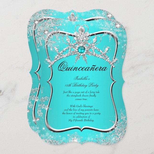 Quinceanera 15th Winter Wonderland Aqua Pearl Invitation (Front/Back)
