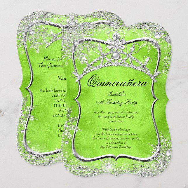 Quinceanera 15th Winter Wonderland Lime Green Invitation (Front/Back)