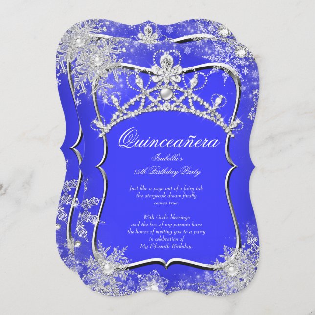 Quinceanera 15th Winter Wonderland Royal Blue Invitation (Front/Back)