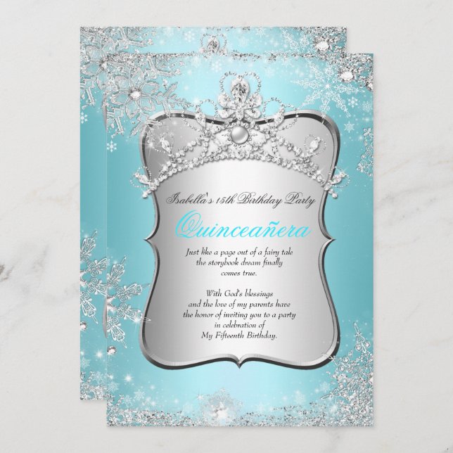 Quinceanera 15th Winter Wonderland Silver Blue 2 Invitation (Front/Back)