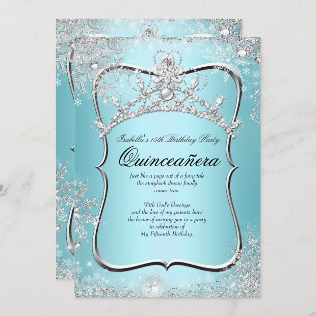 Quinceanera 15th Winter Wonderland Silver Blue Invitation (Front/Back)