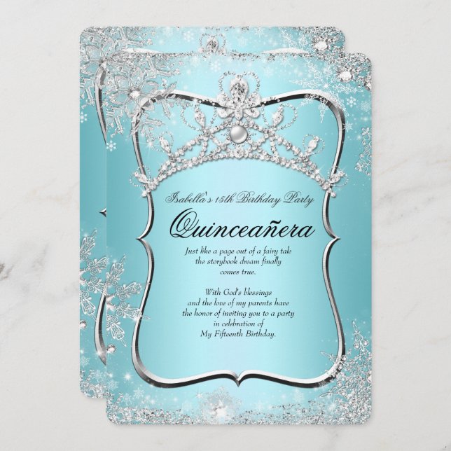Quinceanera 15th Winter Wonderland Silver Blue Invitation (Front/Back)