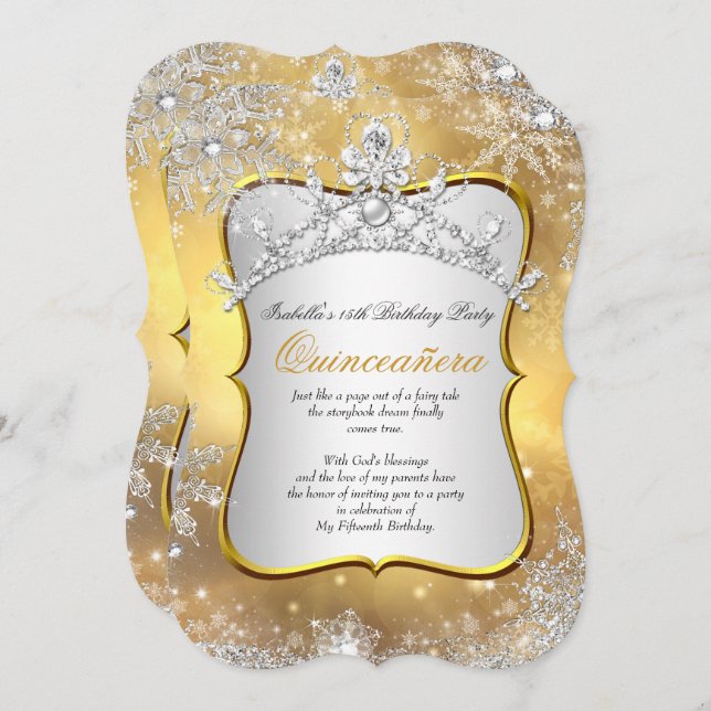 Quinceanera 15th Winter Wonderland Silver Gold Invitation (Front/Back)