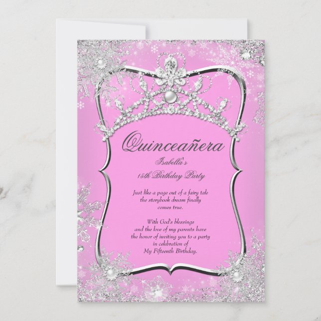 Quinceanera 15th Winter Wonderland Silver Pink Invitation (Front)