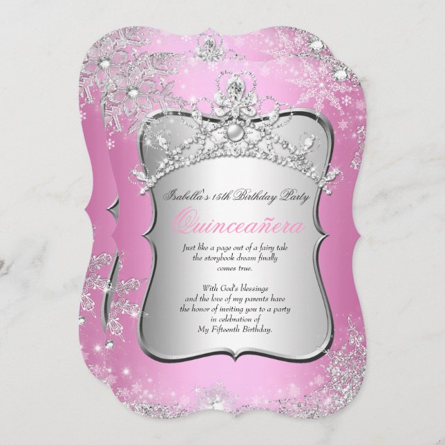 Quinceanera 15th Winter Wonderland Silver Pink Invitation (Front/Back)