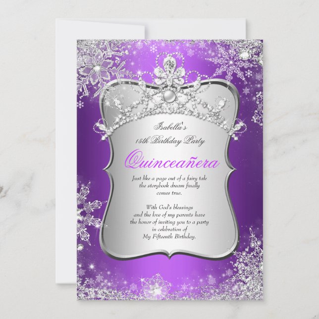 Quinceanera 15th Winter Wonderland Silver Purple Invitation (Front)