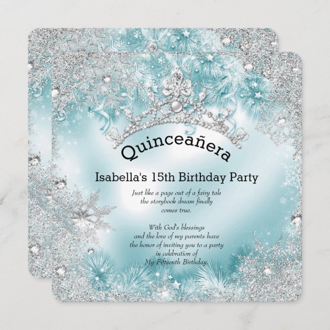 Quinceanera 15th Winter Wonderland Silver Teal 2 Invitation (Front/Back)