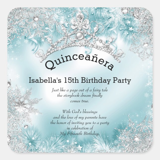 Quinceanera 15th Winter Wonderland Silver Teal 2 Square Sticker (Front)