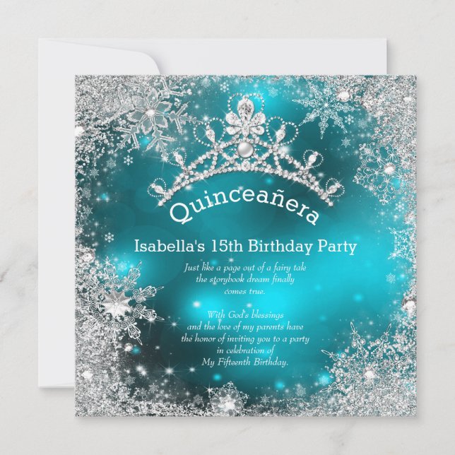 Quinceanera 15th Winter Wonderland Silver Teal Invitation (Front)