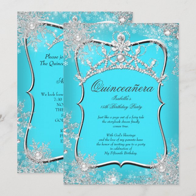 Quinceanera 15th Winter Wonderland Silver Teal Invitation (Front/Back)