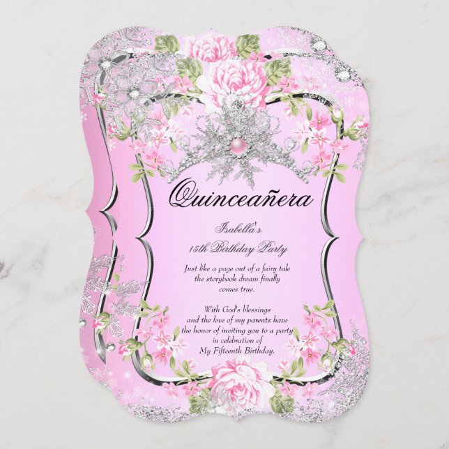 Quinceanera 15th Winter Wonderland Sweet Pink Invitation (Front/Back)