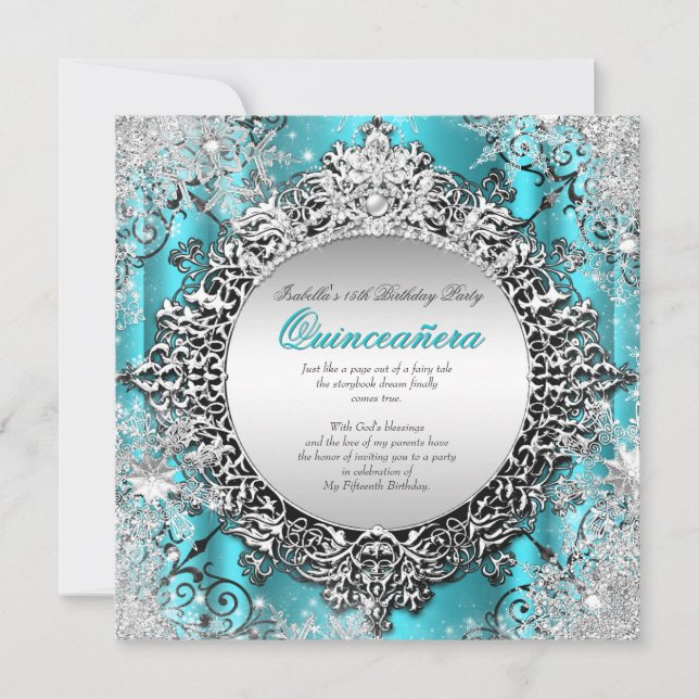 Quinceanera 15th Winter Wonderland Teal Aqua 2 Invitation (Front)