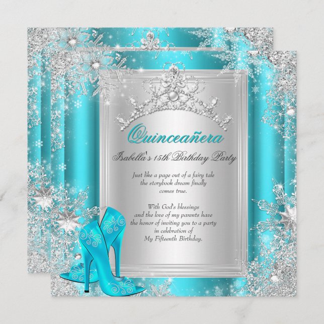 Quinceanera 15th Winter Wonderland Teal Aqua Invitation (Front/Back)