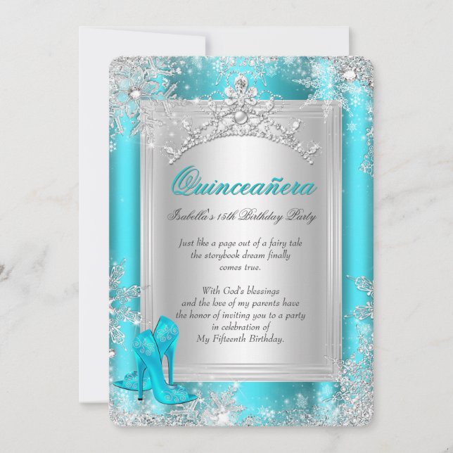 Quinceanera 15th Winter Wonderland Teal Aqua Invitation (Front)