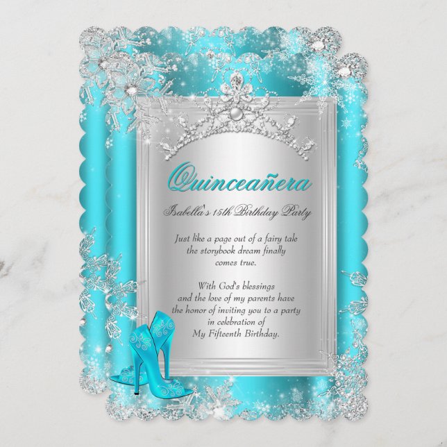 Quinceanera 15th Winter Wonderland Teal Aqua Invitation (Front/Back)