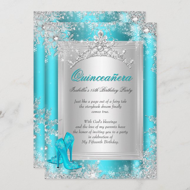 Quinceanera 15th Winter Wonderland Teal Aqua Invitation (Front/Back)