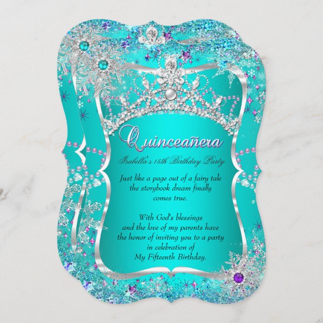 Quinceanera 15th Winter Wonderland Teal Purple Invitation (Front/Back)