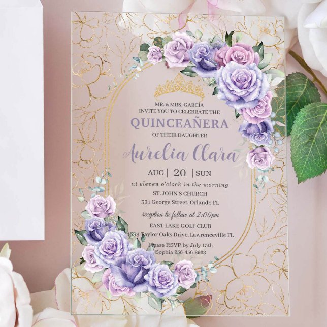 Quinceanera 16 15 Purple Lilac Floral Modern Gold Acrylic Invitations (Creator Uploaded)