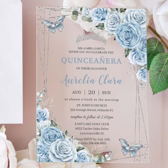 Quinceañera 16 Baby Blue Floral Butterflies Silver Acrylic Invitations (Creator Uploaded)