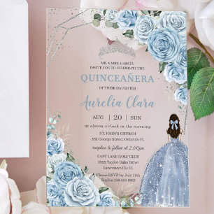 Quinceañera 16 Baby Blue Floral Princess Silver Acrylic Invitations