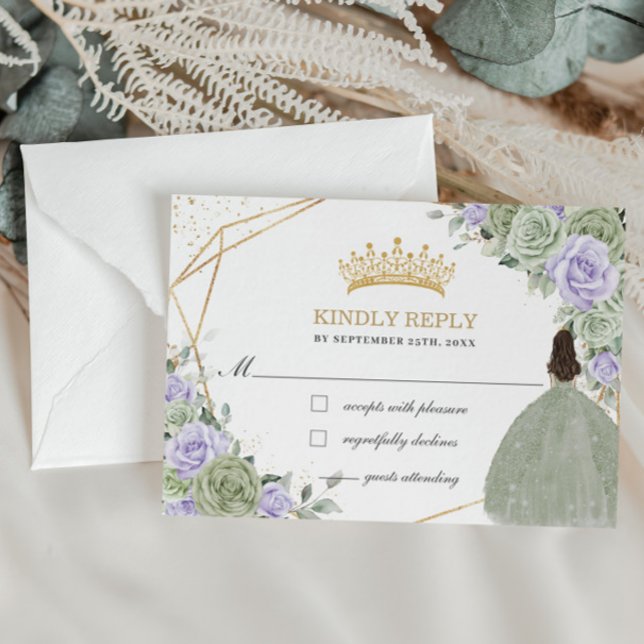 Quinceañera 16 Birthday Sage Green Lavender Floral RSVP Card (Creator Uploaded)