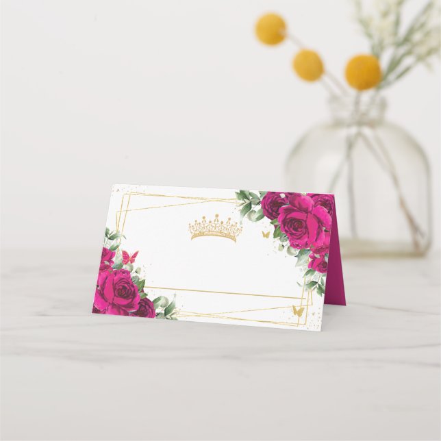 Quinceanera 16 Fuchsia Pink Floral Butterflies Place Card (Front)