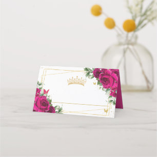 Quinceanera 16 Fuchsia Pink Floral Butterflies Place Card