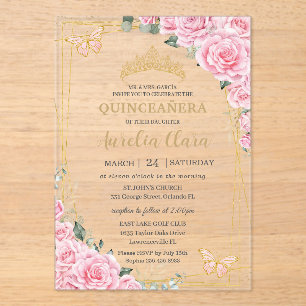Quinceanera 16 Pink Roses Floral Gold Butterflies Acrylic Invitations