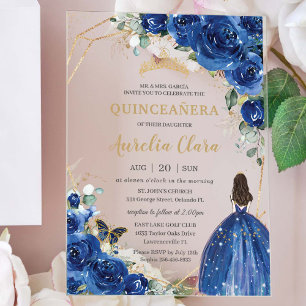 Quinceañera 16 Royal Blue Floral Gold Butterflies Acrylic Invitations