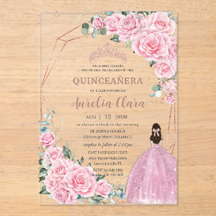 Quinceanera 16th Pink Floral Princess Rose Gold Acrylic Invitations