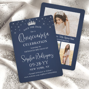 Quinceañera 3 Photo Collage Elegant Navy Blue Save The Date