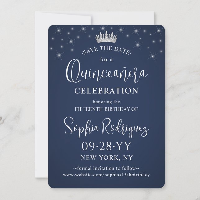 Quinceañera 3 Photo Collage Elegant Navy Blue Save The Date (Front)